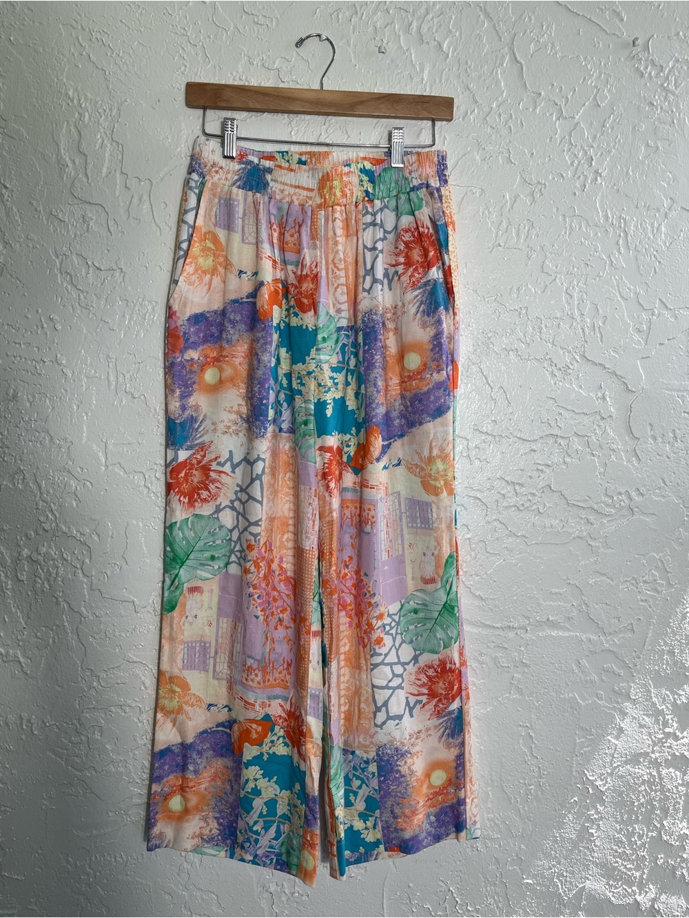Sunny Leigh Tropical Patchwork Palazzo Pants Wide Leg Boho S